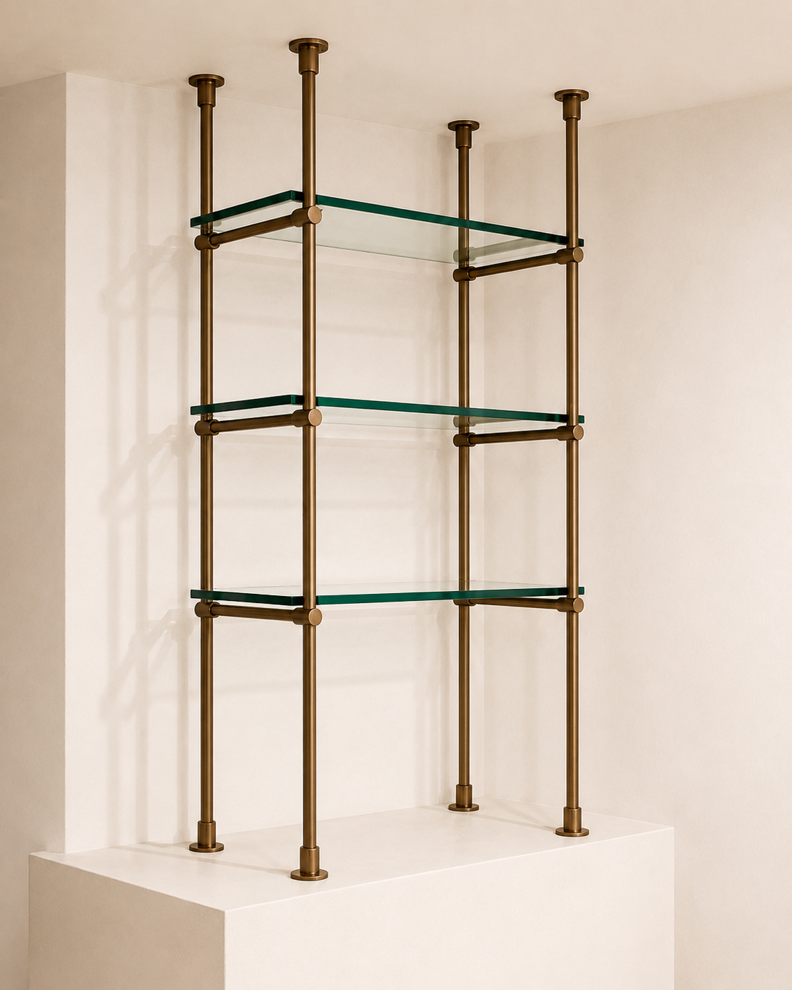 Floor to Ceiling Bronze Brass Shelving with Glass, 3-Shelf Display Unit – 30" Wide