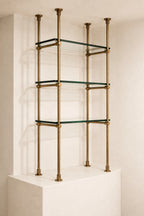 Floor to Ceiling Bronze Brass Shelving with Glass, 3-Shelf Display Unit – 30" Wide