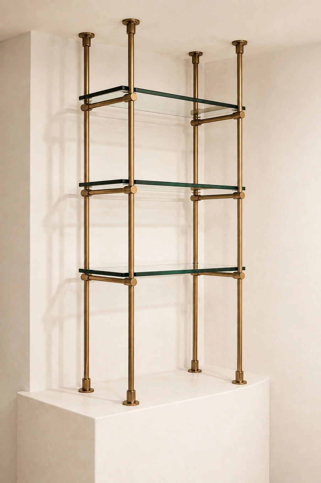 Floor to Ceiling Bronze Brass Shelving with Glass, 3-Shelf Display Unit – 30" Wide