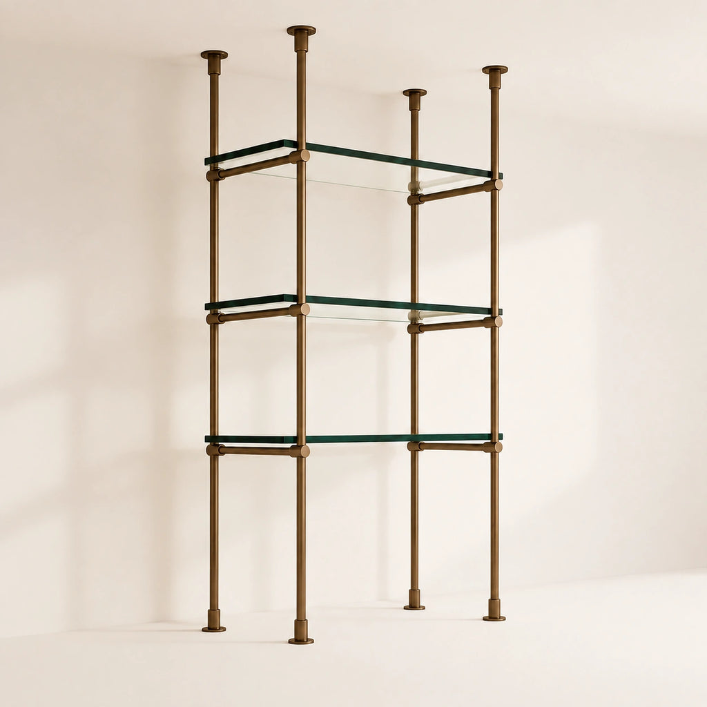 Floor to Ceiling Bronze Brass Shelving with Glass, 3-Shelf Display Unit – 30" Wide
