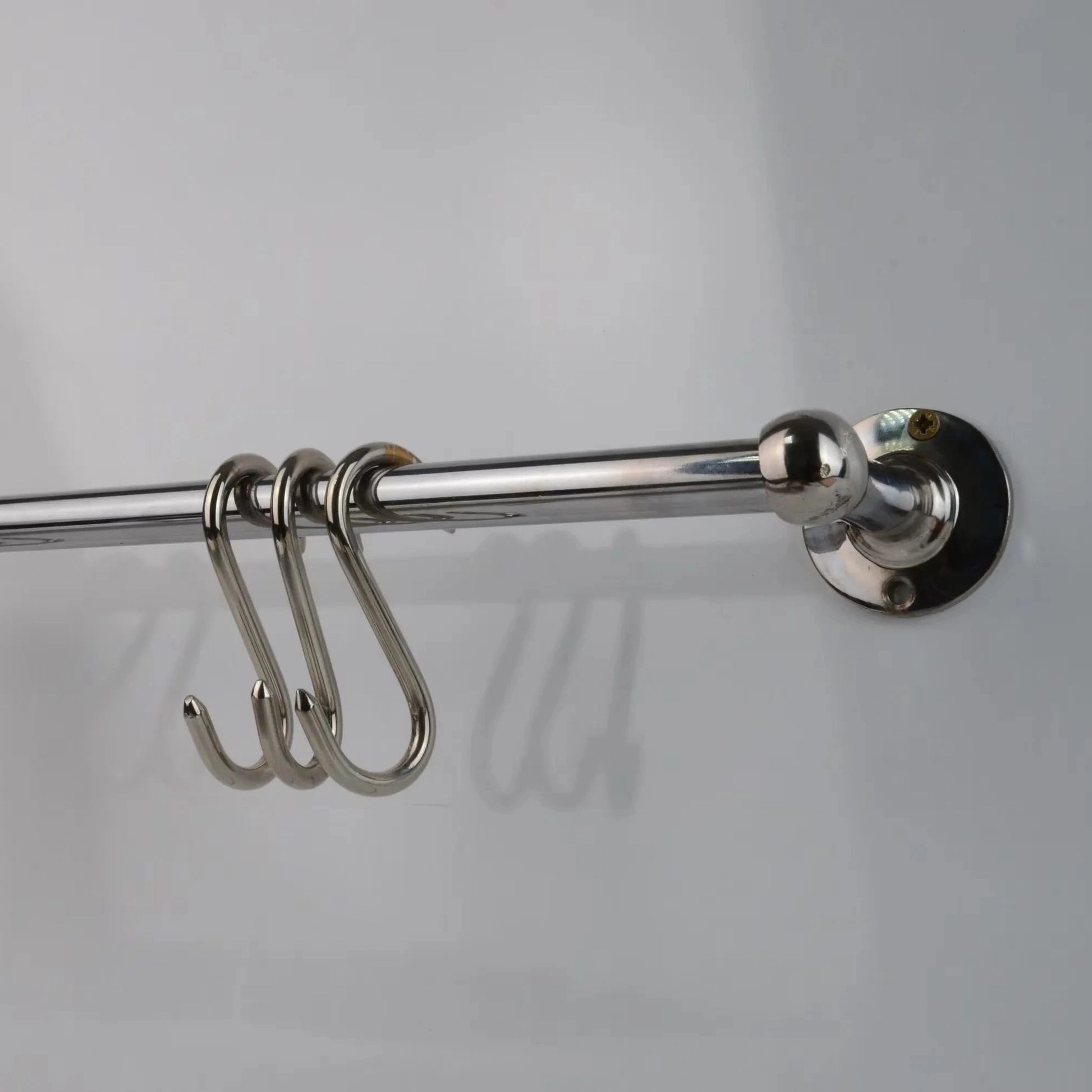 Chrome solid brass pot rail with four S-hooks, polished chrome finish, wall-mounted kitchen rack for utensils and cookware organization – Atlas Finest