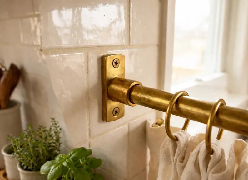 Custom-width brass café curtain rod 
