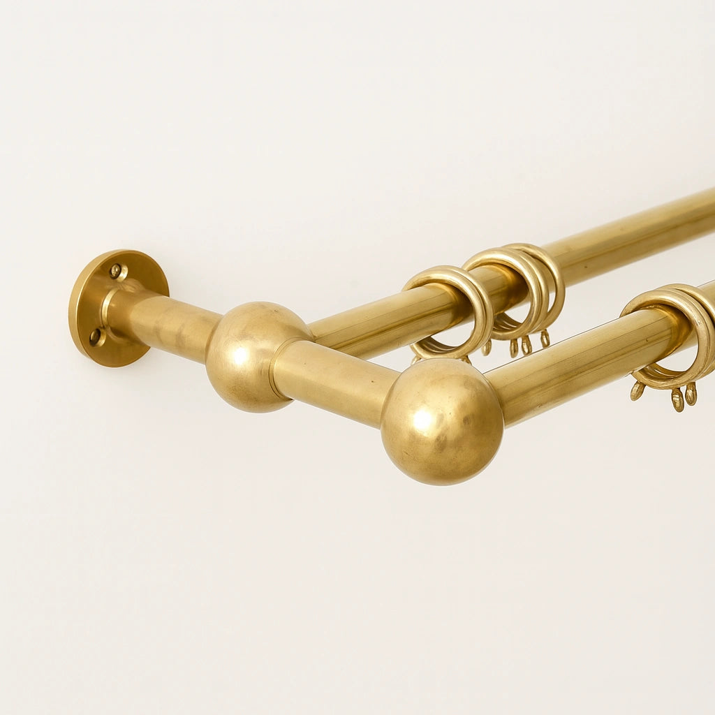 Unlacquered brass double curtain rod with rings for elegant window treatments – Atlas Finest premium hardware