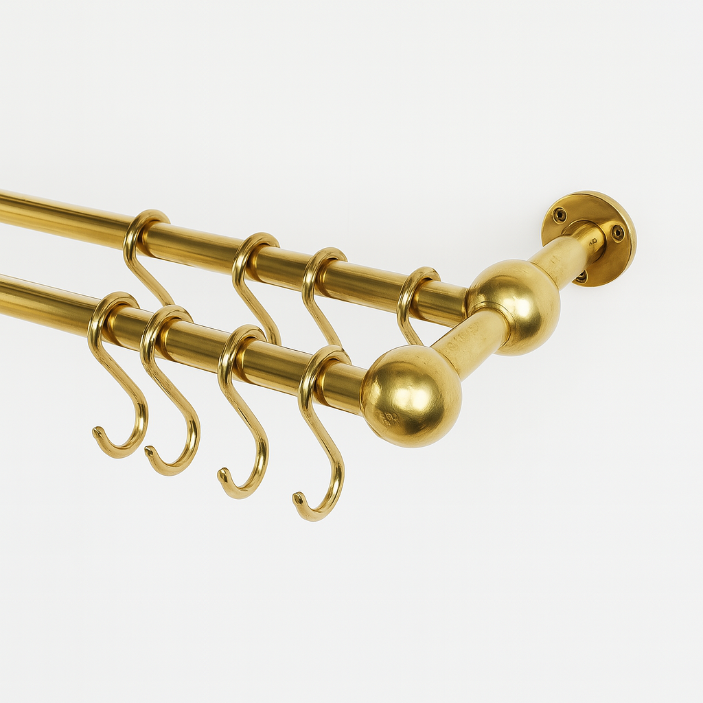 Unlacquered brass double-bar pot rack with S-hooks for hanging kitchen utensils – Atlas Finest