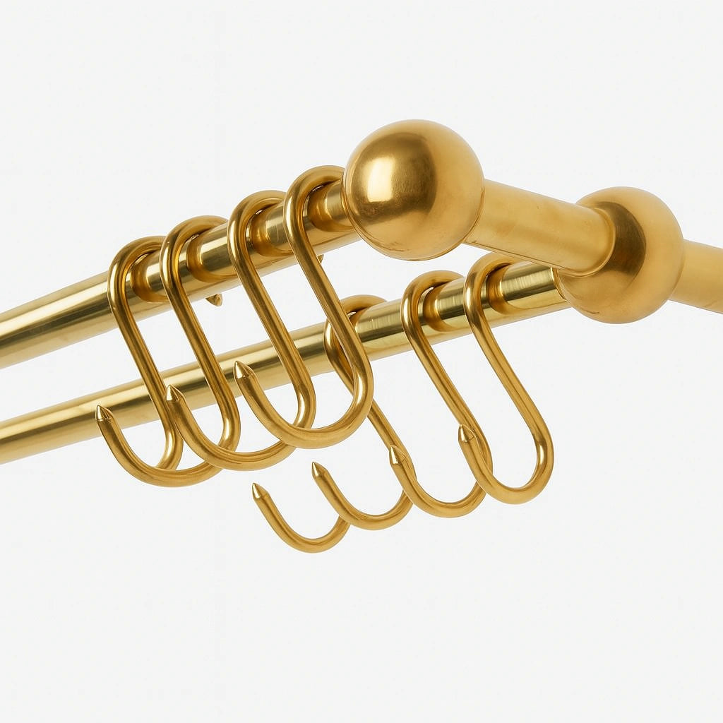 Polished unlacquered brass pot rack with multiple S-hooks for hanging kitchen utensils – Atlas Finest