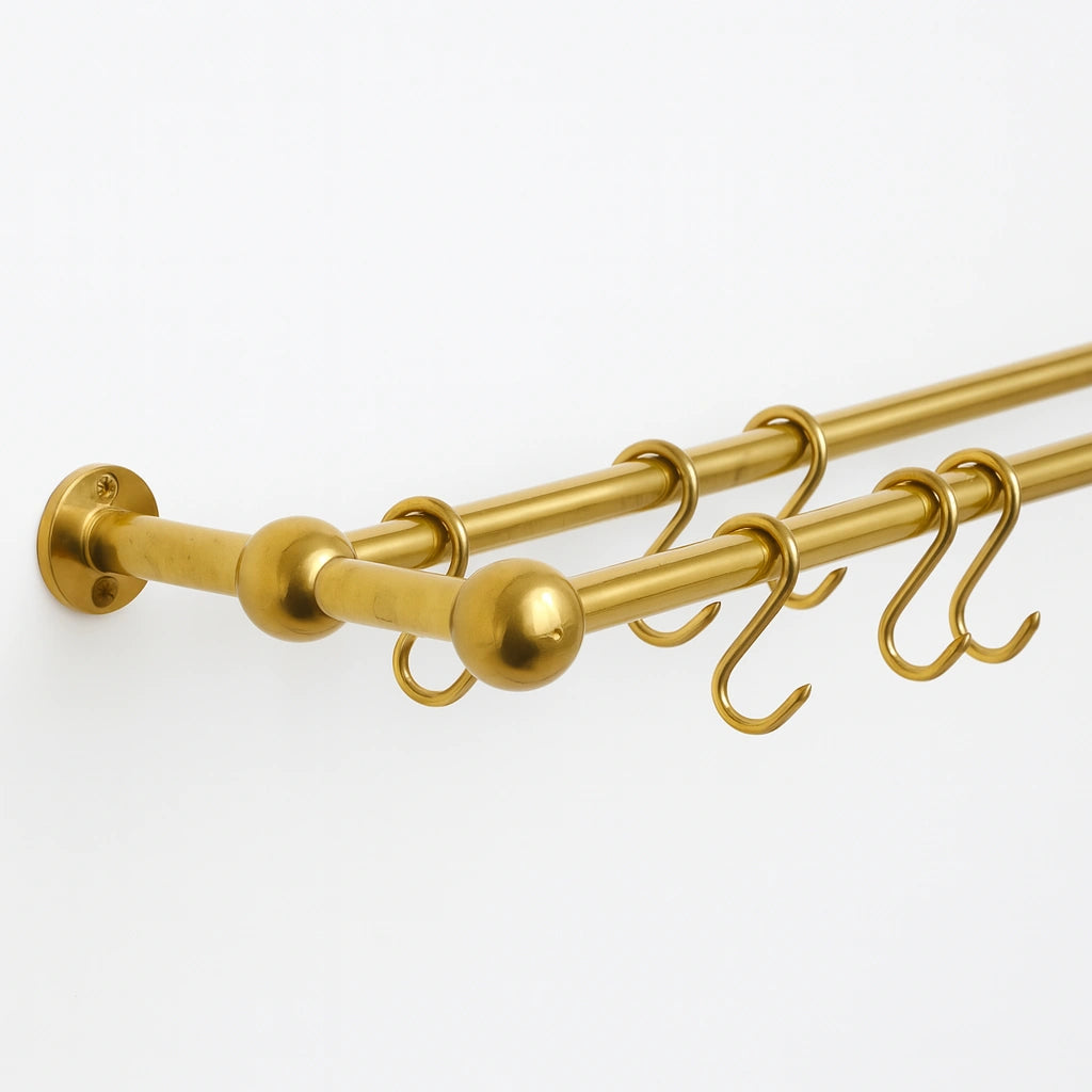 Double-bar unlacquered brass pot rack with multiple S-hooks for organized kitchen storage – Atlas Finest