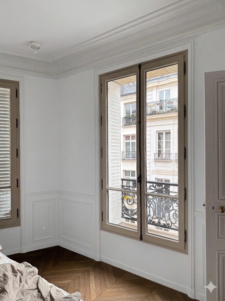 Room interior with large window showing neighboring building