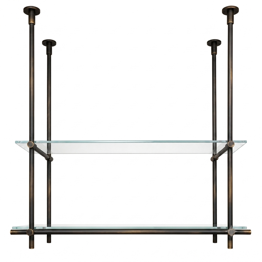 Dark Brass Ceiling Mounted Shelving With Glass, 40 inches x 50 inches x 10 inches