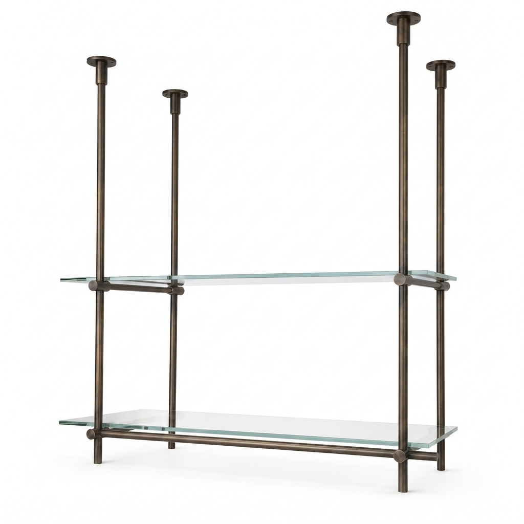 Dark Brass Ceiling Mounted Shelving With Glass, 40 inches x 50 inches x 10 inches