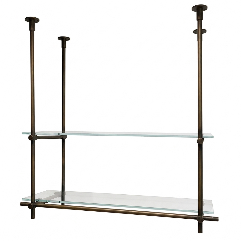 Dark Brass Ceiling Mounted Shelving With Glass, 40 inches x 50 inches x 10 inches