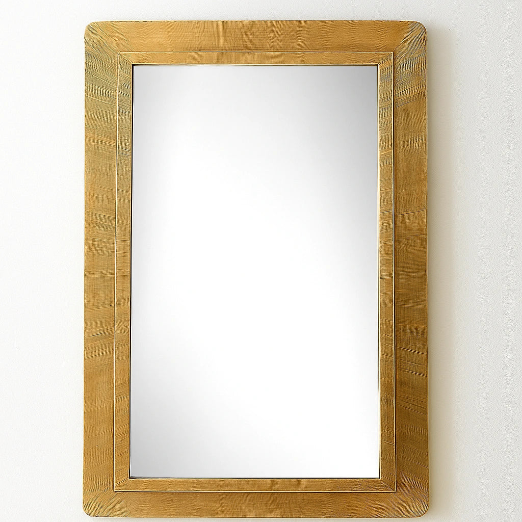 Handcrafted full-length brass mirror with textured thick frame, elegant unlacquered brass craftsmanship