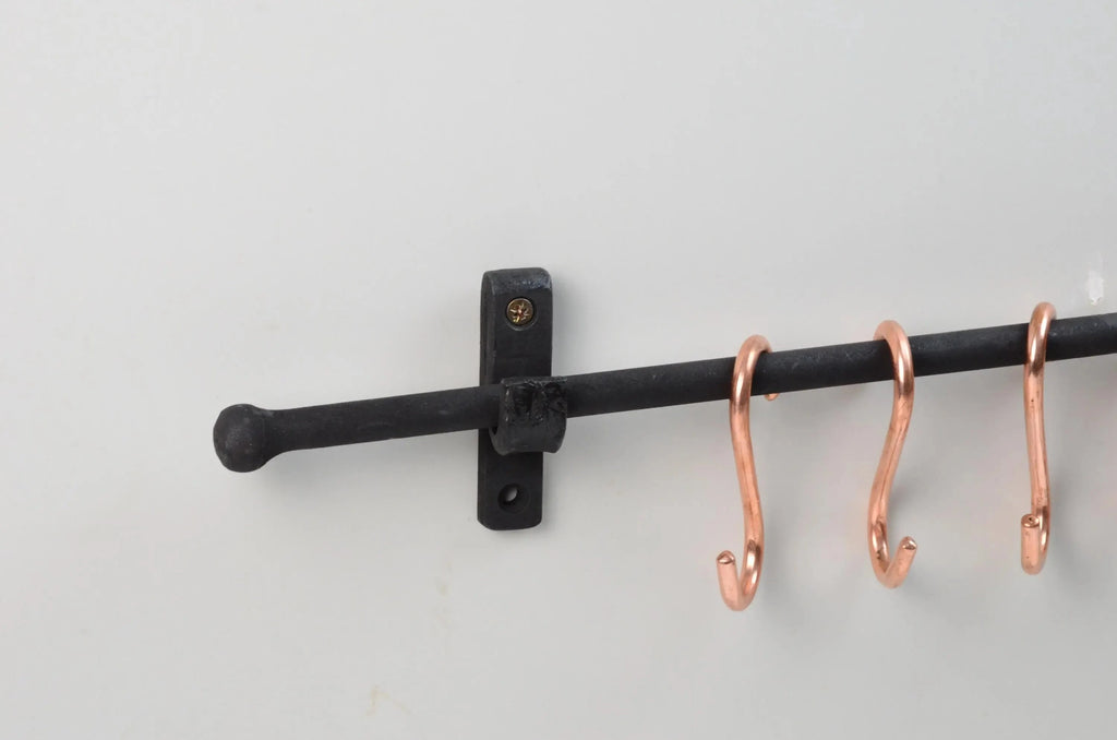 Elegant iron kitchen pot rack with copper S-hooks for hanging pans and tools – Atlas Finest