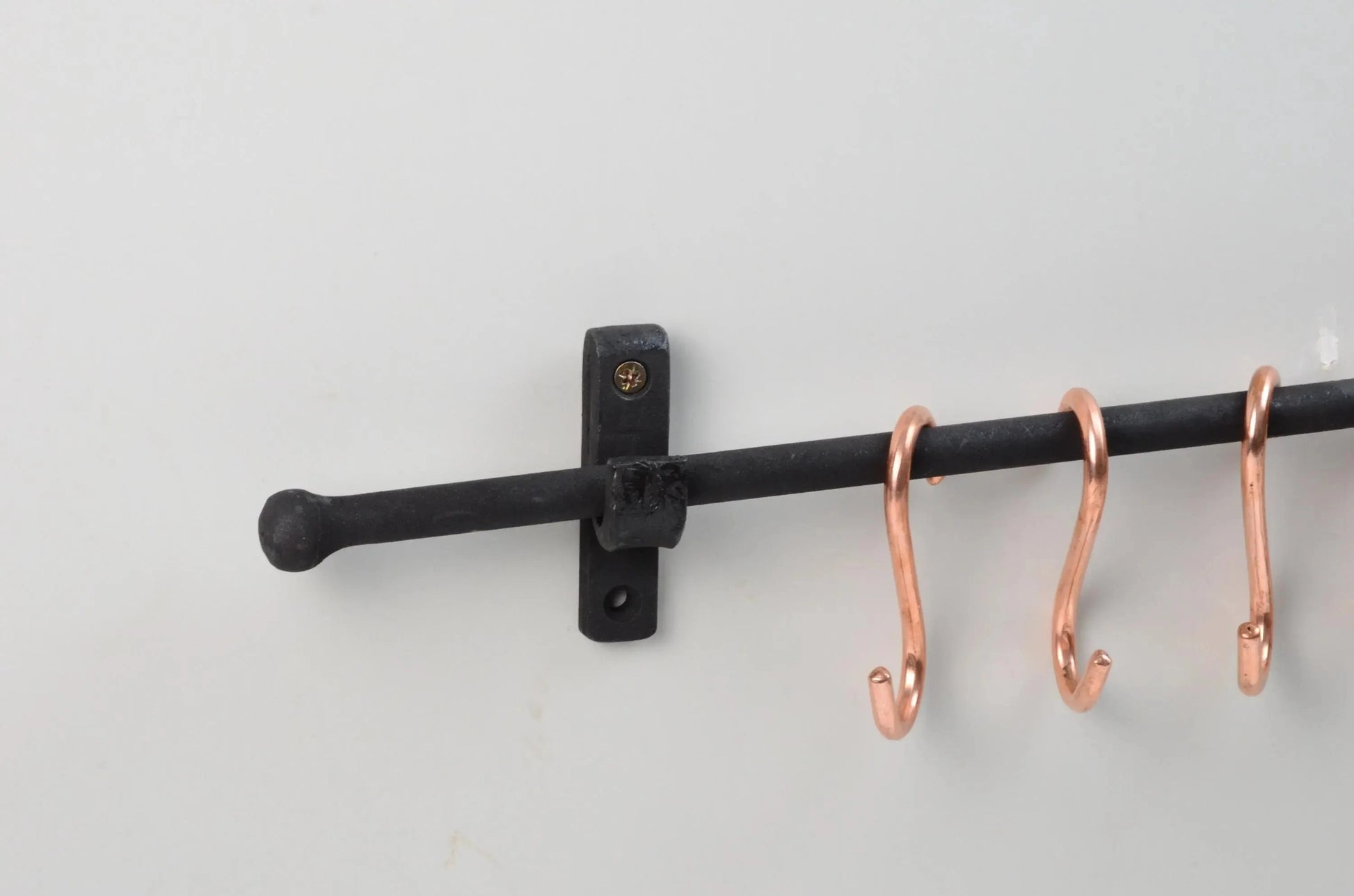 Elegant iron kitchen pot rack with copper S-hooks for hanging pans and tools – Atlas Finest