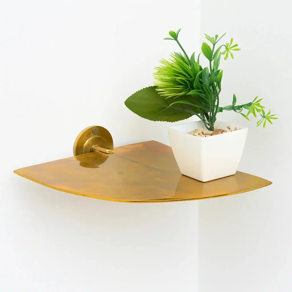 Living Finish Brass Corner Shelf, Solid Brass Shelving - AtlasFinest
