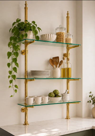 2 shelving units with the dimensions 40" W × 50" H × 10" D and 3 glass Shelves