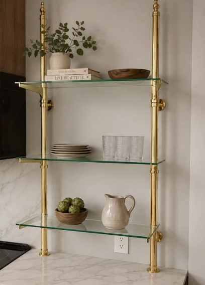 2 shelving units with the dimensions 40" W × 50" H × 10" D and 3 glass Shelves
