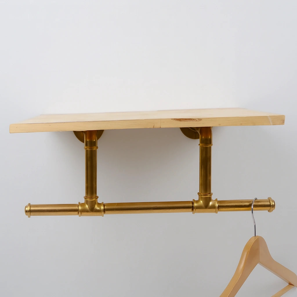 Unlacquered Brass Wall-Mounted clothes Rack with Shelf