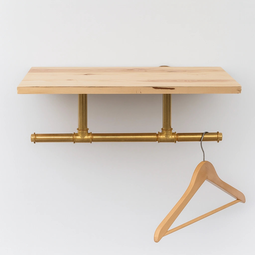 Unlacquered Brass Wall-Mounted clothes Rack with Shelf