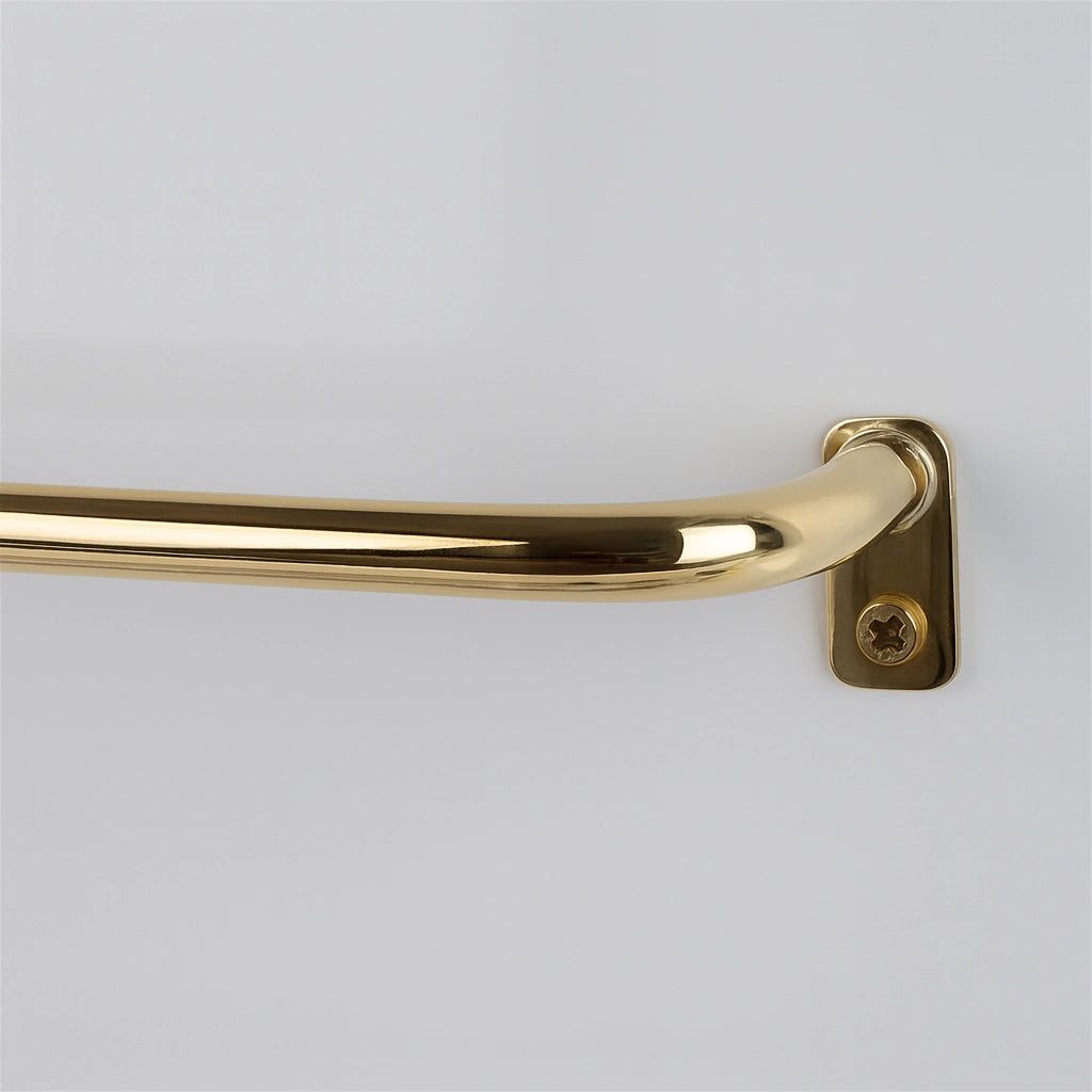 Unlacquered thin brass café curtain rod with French return design for modern interiors