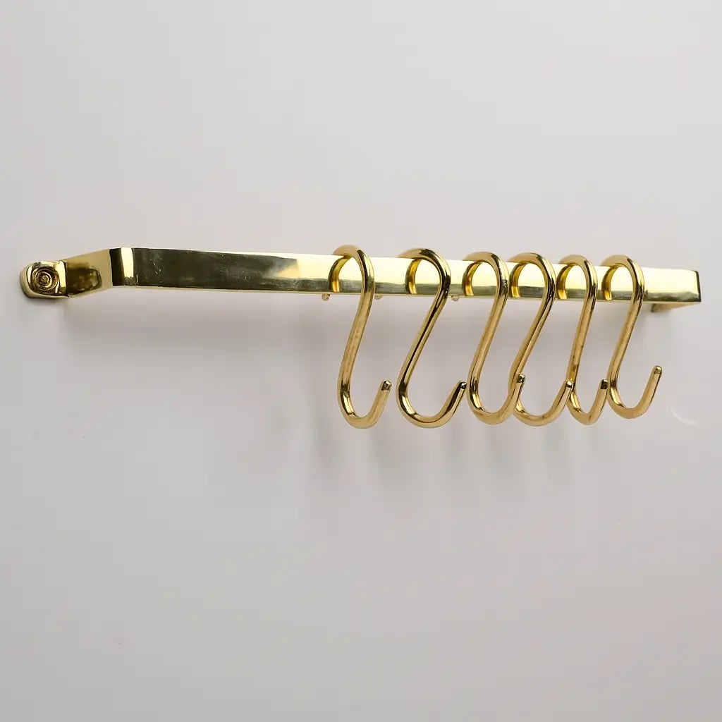 Flat unlacquered brass pot rack with five S-hooks for kitchen storage – Atlas Finest