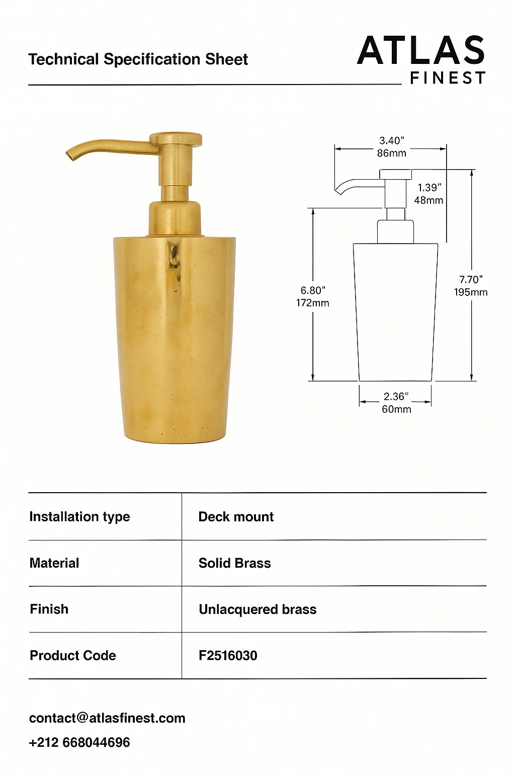 Unlacquered Brass Soap Dispenser, Dispenser Pump