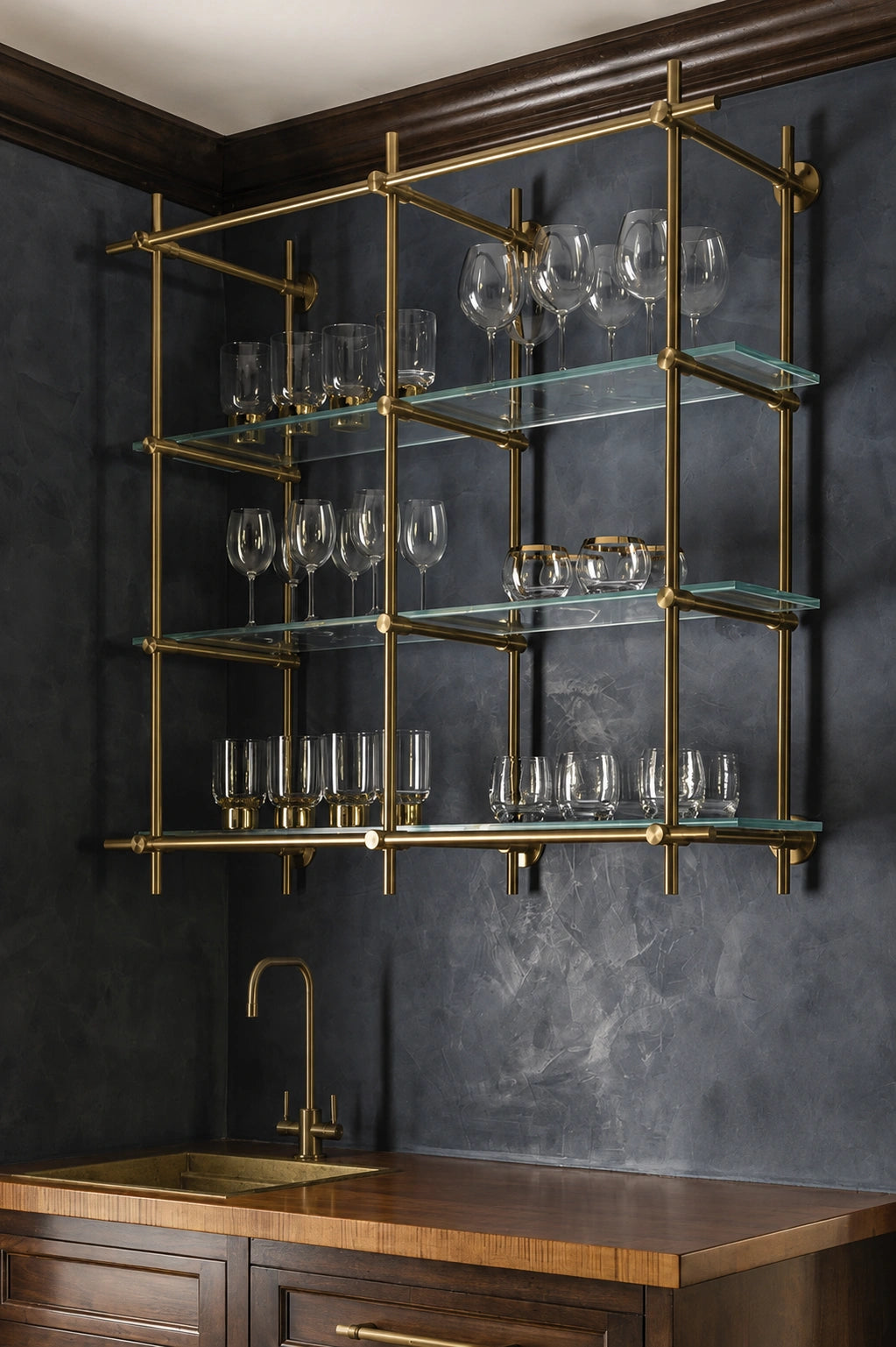 Wall-Mounted Solid Brass Bistro Shelving with Glass, 2-Bay – 50″ Wide