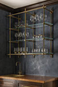 Wall-Mounted Solid Brass Bistro Shelving with Glass, 2-Bay – 50″ Wide