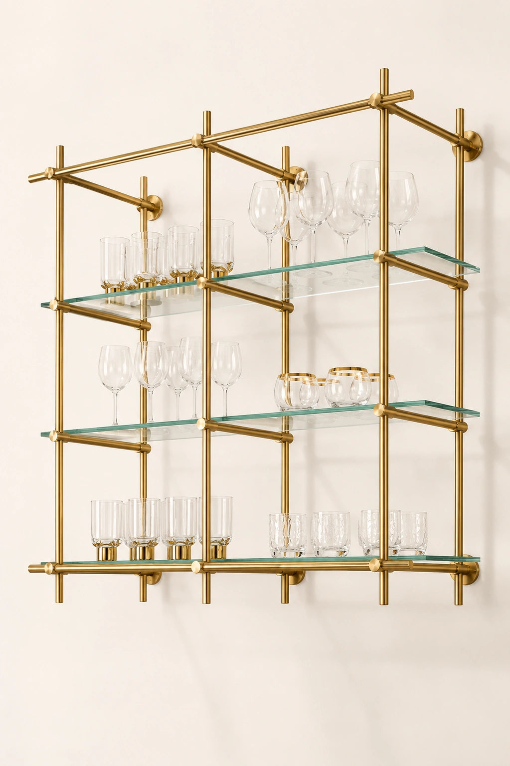 Wall-Mounted Solid Brass Bistro Shelving with Glass, 2-Bay – 50″ Wide