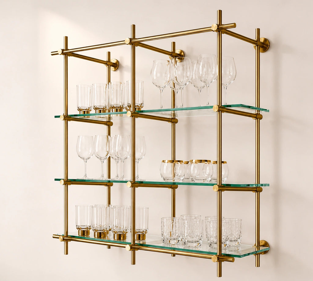 Wall-Mounted Solid Brass Bistro Shelving with Glass, 2-Bay – 50″ Wide