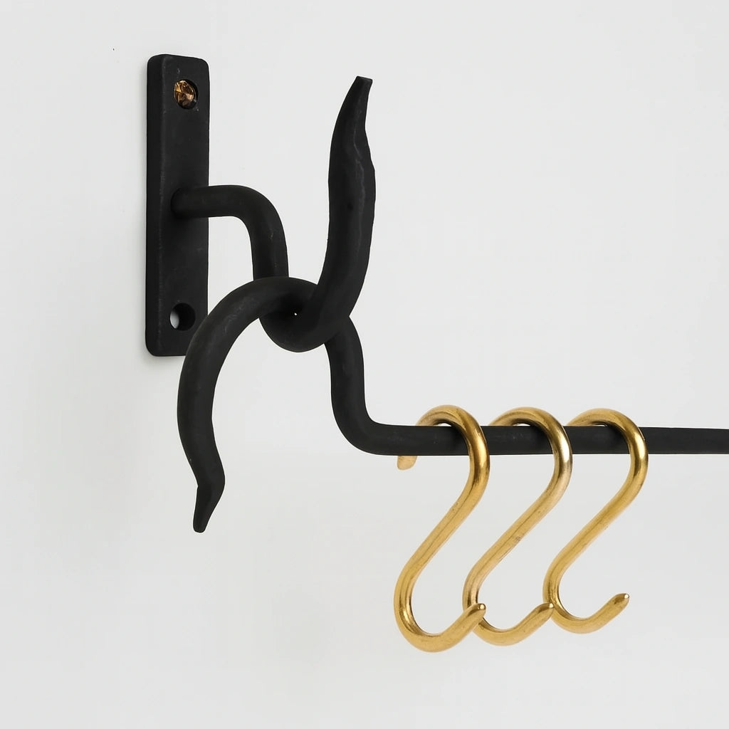 Wrought Iron Pot Rack – Wall Rail with Brass Hooks