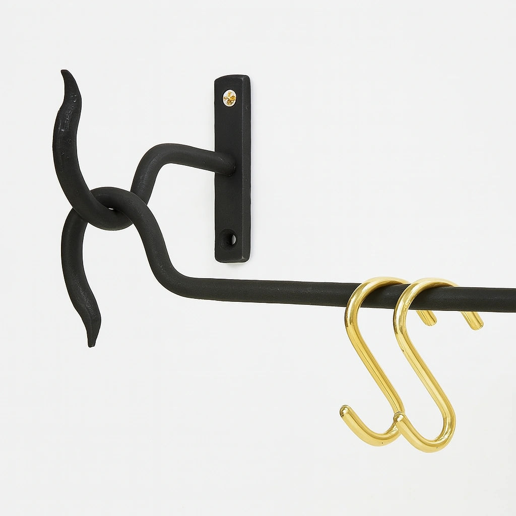 Wrought Iron Pot Rack – Wall Rail with Brass Hooks