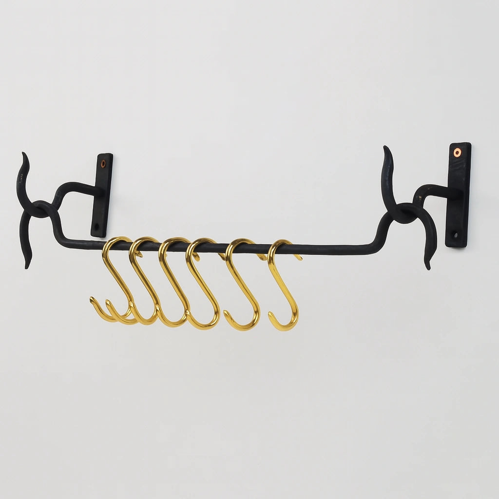 Wrought Iron Pot Rack – Wall Rail with Brass Hooks