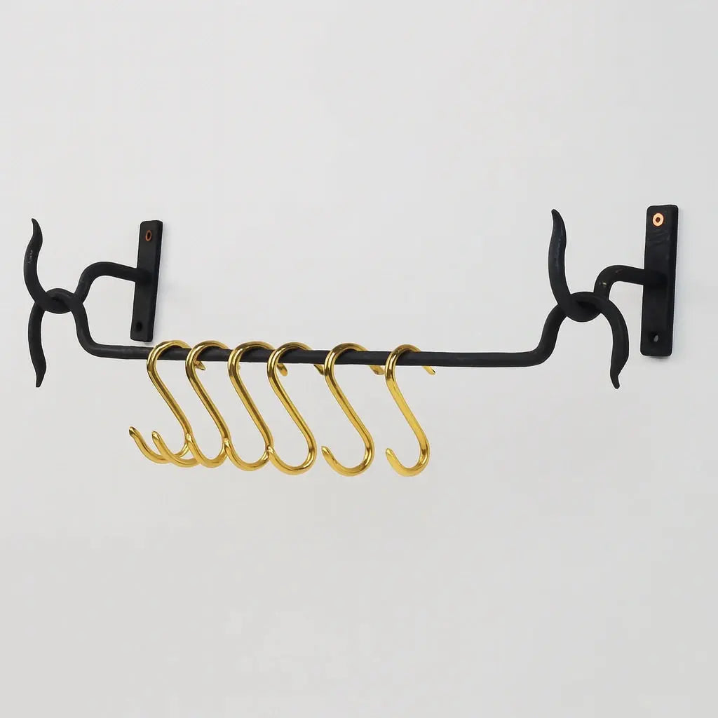 Wrought Iron Pot Rack – Wall Rail with Brass Hooks - AtlasFinest
