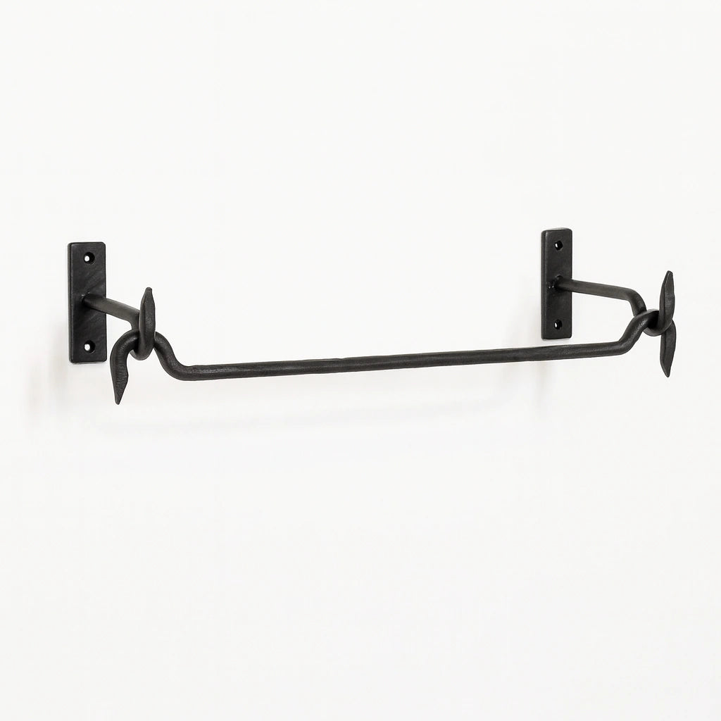 Black forged iron wall-mounted rack with straight bar for towels or kitchen storage – Atlas Finest