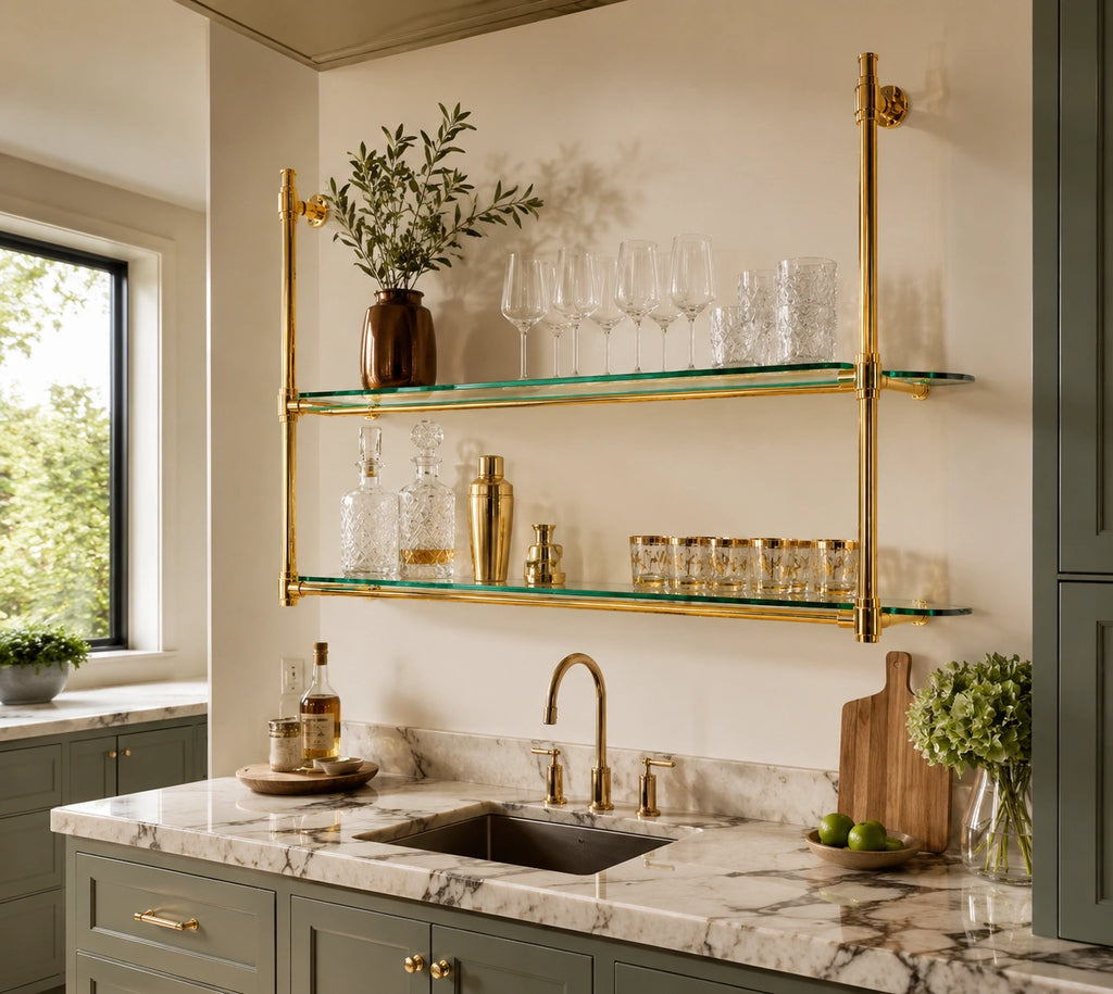Wall Mounted Solid Brass Bistro Shelving with Glass | 60" W × 40" H × 12" D