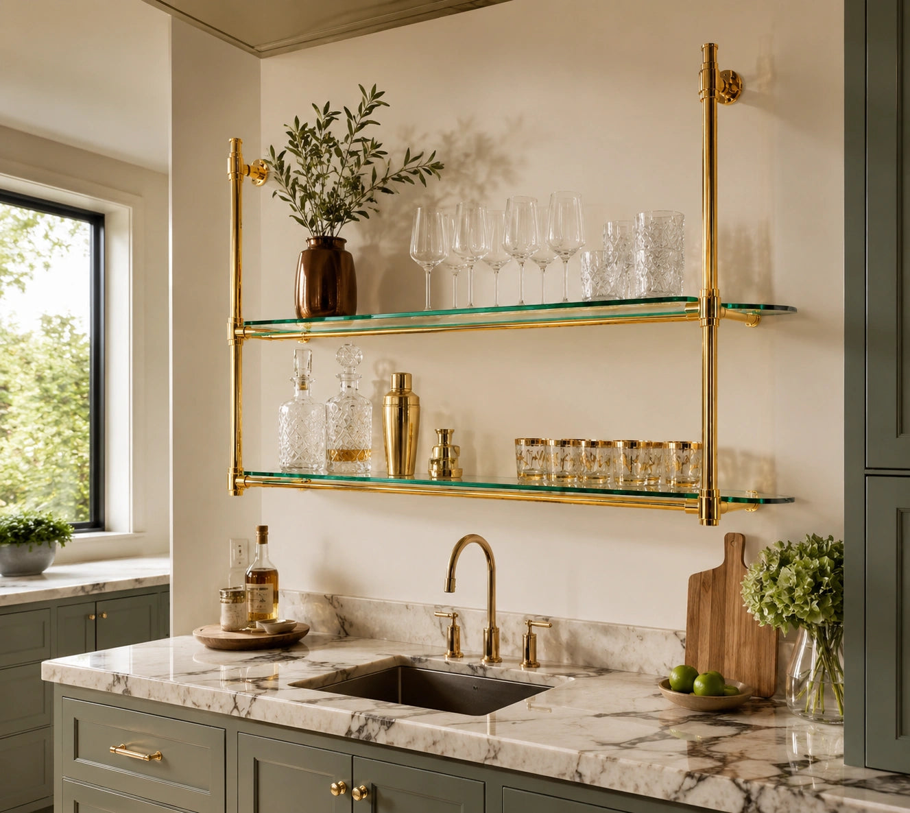 Wall Mounted Solid Brass Bistro Shelving with Glass | 60" W × 40" H × 12" D