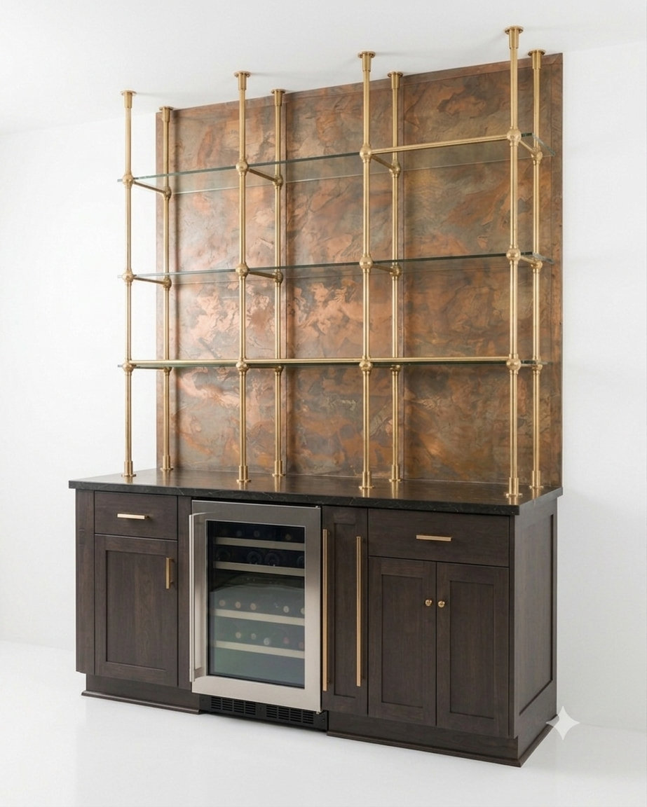 Brass Joints Shelving, Ceiling to Countertop, 60in x 80in x 10in