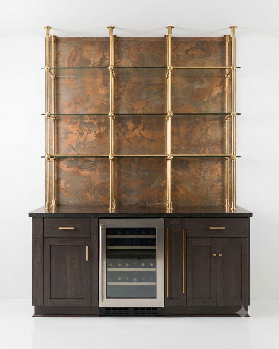 Brass Joints Shelving, Ceiling to Countertop, 60in x 80in x 10in