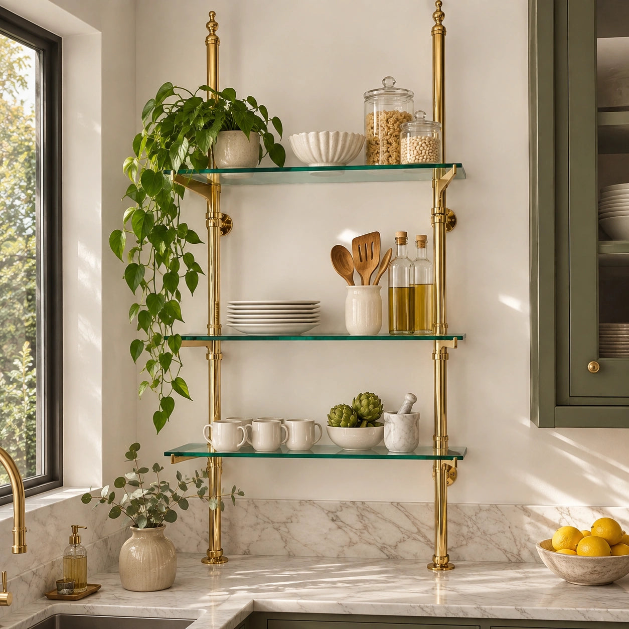 Solid Brass Bistro Shelving with Glass Shelves 40" W × 50" H × 10" D  with 3 Shelves