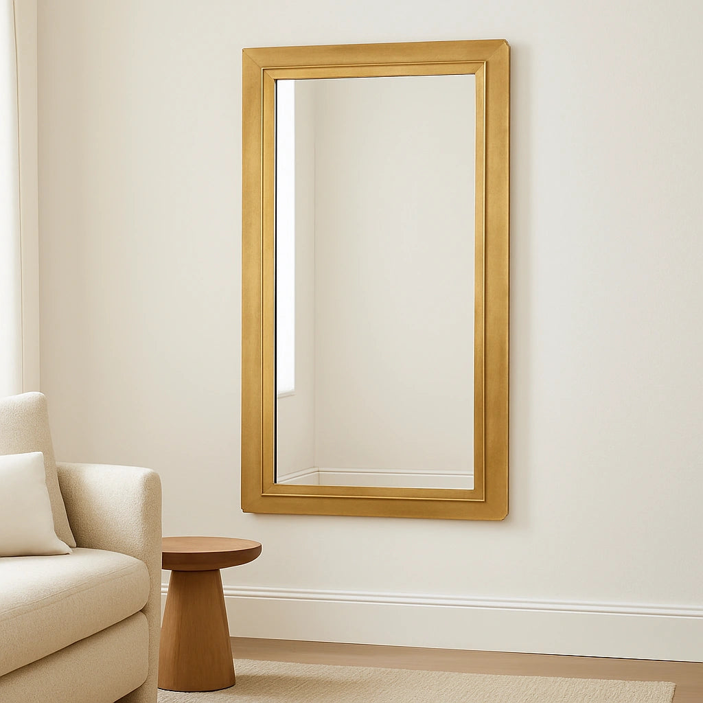 Elegant full-length brass mirror with thick frame, handcrafted craftsmanship in unlacquered brass finish