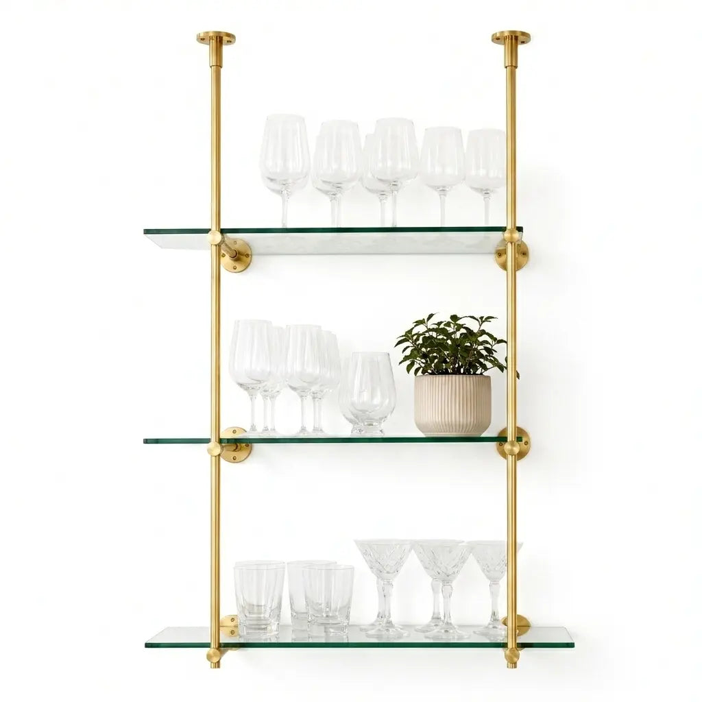 Ceiling And Wall Mounted Shelving, Open Shelving With Glass For Kitchen, 50"H x 35"W × 10"D