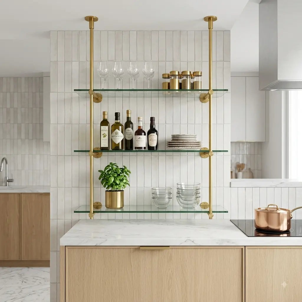 Ceiling And Wall Mounted Shelving, Open Shelving With Glass For Kitchen, 50"H x 35"W × 10"D