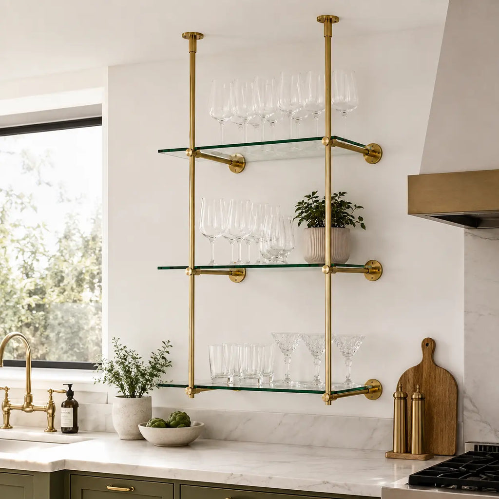 Ceiling And Wall Mounted Shelving, Open Shelving With Glass For Kitchen, 50"H x 35"W × 10"D