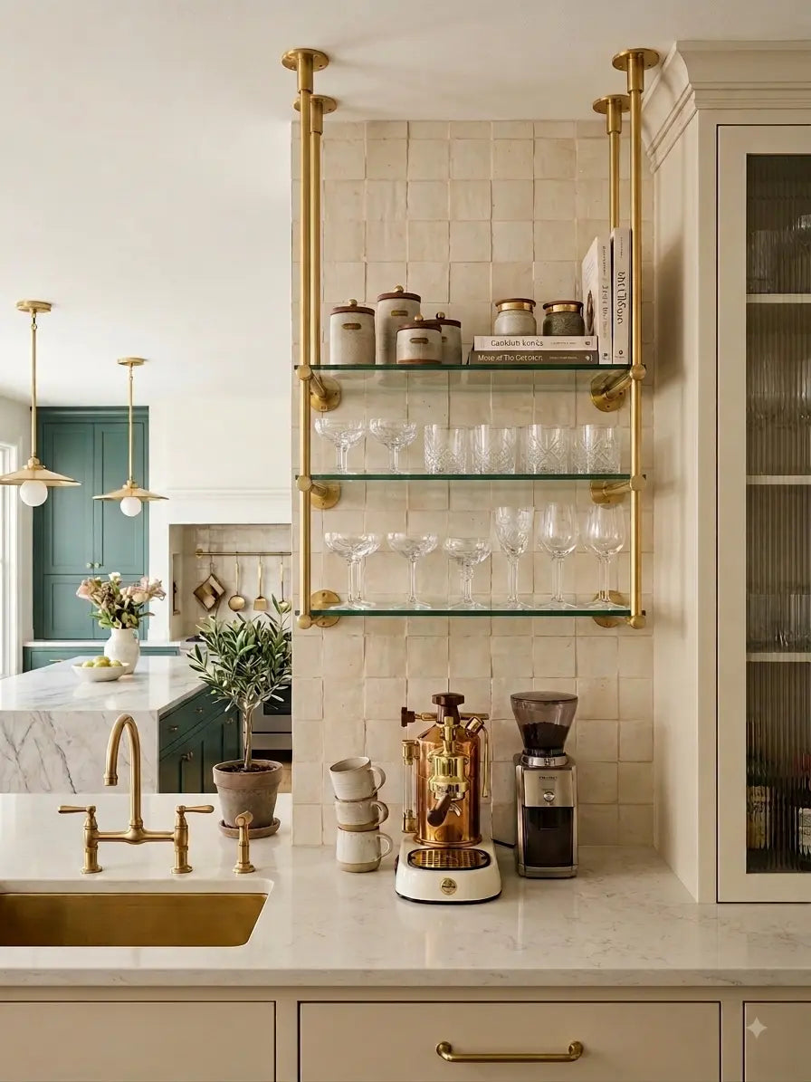 Ceiling And Wall Mounted Shelving, Open Shelving With Glass For Kitchen, 50"H x 35"W × 10"D