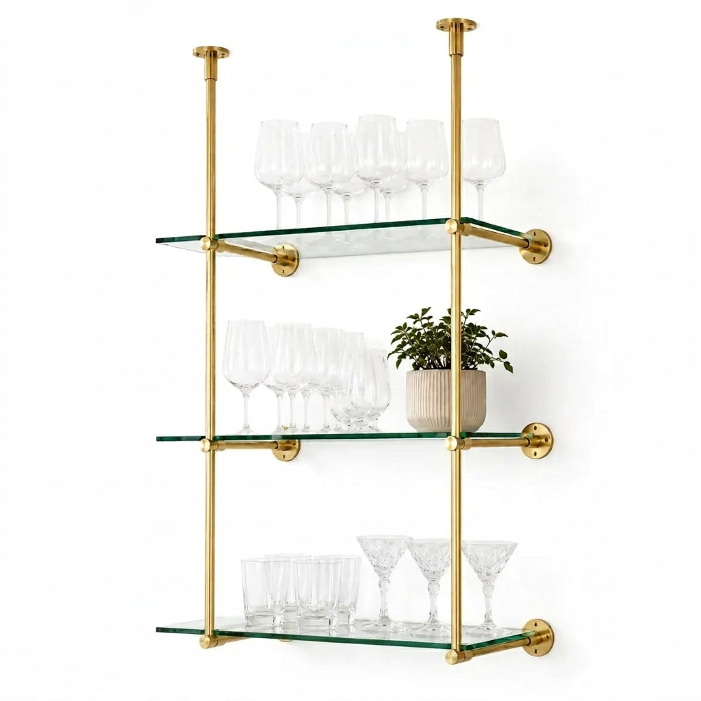 Open Brass Shelving, Ceiling and Wall Mounted Kitchen Shelving 40"H x 30"W × 10"D