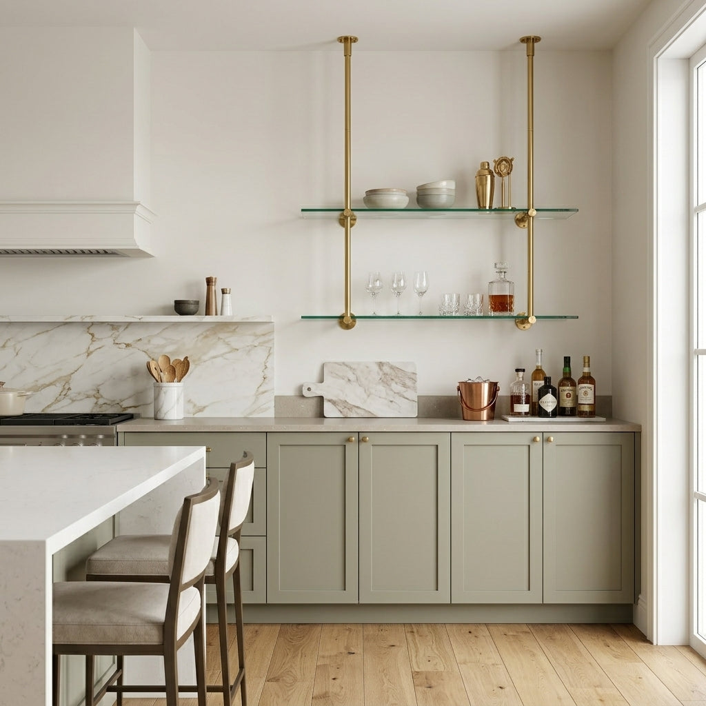 Open Brass Shelving, Ceiling and Wall Mounted Kitchen Shelving 40"H x 30"W × 10"D