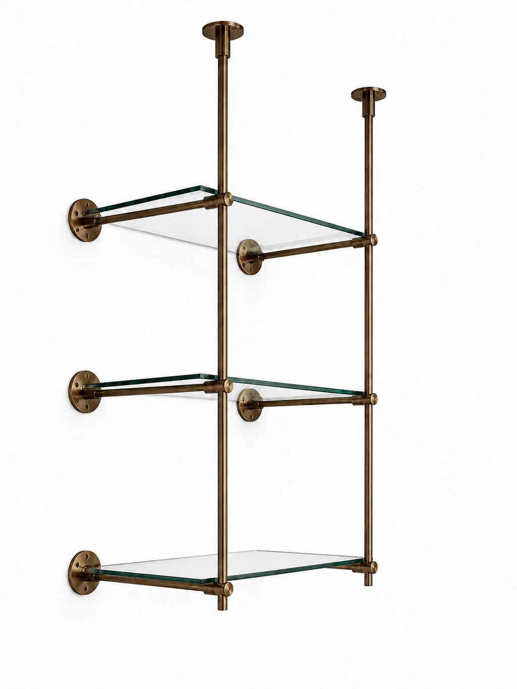 Ceiling And Wall Mounted Bronze Bistro Shelving | Solid Brass & Glass Display Shelves
