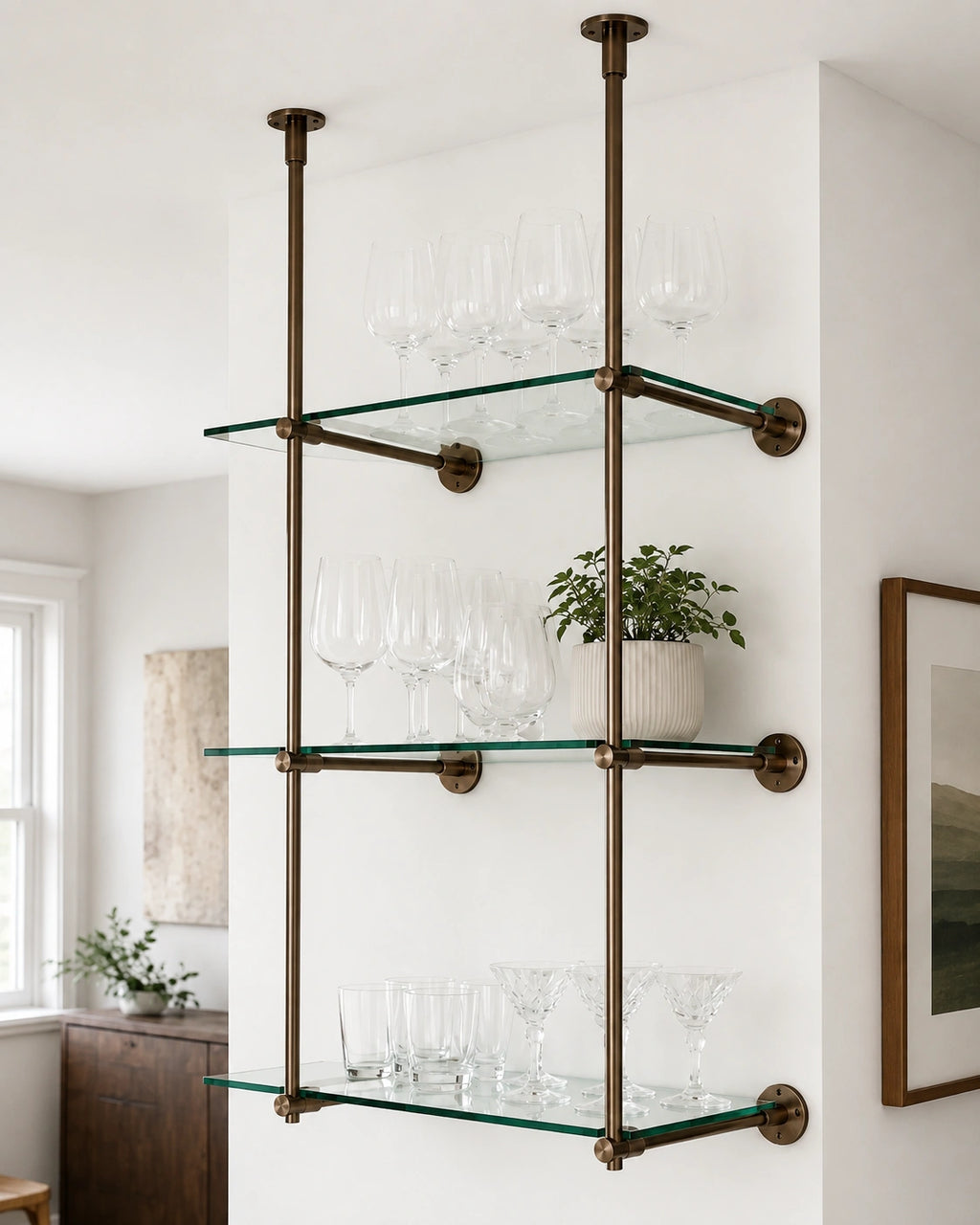 Ceiling And Wall Mounted Bronze Bistro Shelving | Solid Brass & Glass Display Shelves