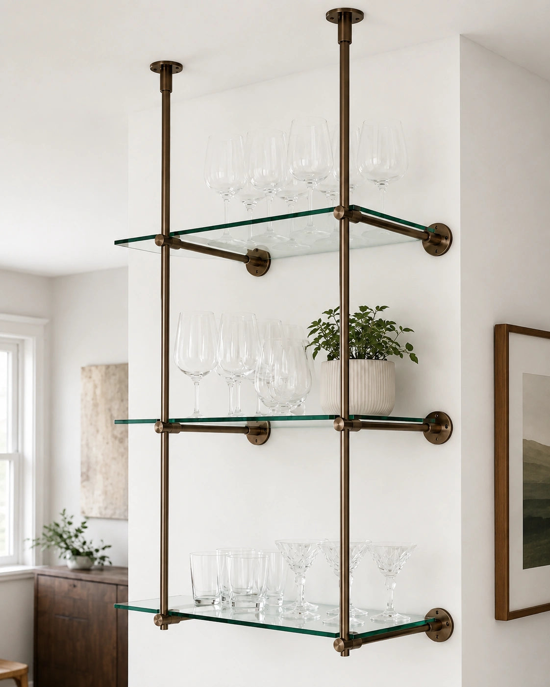 Ceiling And Wall Mounted Bronze Bistro Shelving | Solid Brass & Glass Display Shelves