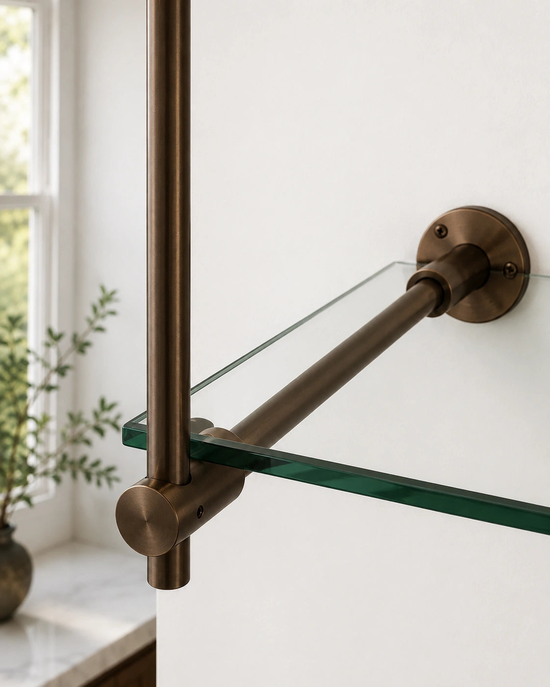 Ceiling And Wall Mounted Bronze Bistro Shelving | Solid Brass & Glass Display Shelves